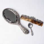 A SILVER-BACKED HAND MIRROR, COMB AND CHILDS SPOON