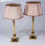 A PAIR OF LACQUERED BRASS CORINTHIAN COLLUMN TABLE LAMPS With square-stepped bases rising to lobed