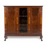 A WALNUT AND INLAID CABINET, EARLY 20TH CENTURY The rectangular outswept cornice above a glazed door