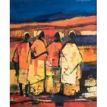 Jan Dingemans (South African 1921 - 2001): FOUR ROBED FIGURES signed oil on board 26,5 by 21,5cm