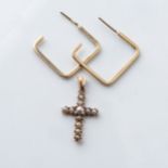 A GOLD CROSS AND PAIR OF EARRINGS The cross set with seed pearls, the earrings square design in