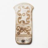 A CHINESE HARDSTONE AXE BLADE-SHAPED PLAQUE Of traditional shape incised with archaic patterns,