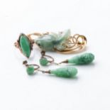 A COLLECTION OF JADE JEWELLERY Including a gold-plated swirl brooch, a pair of jade and silver