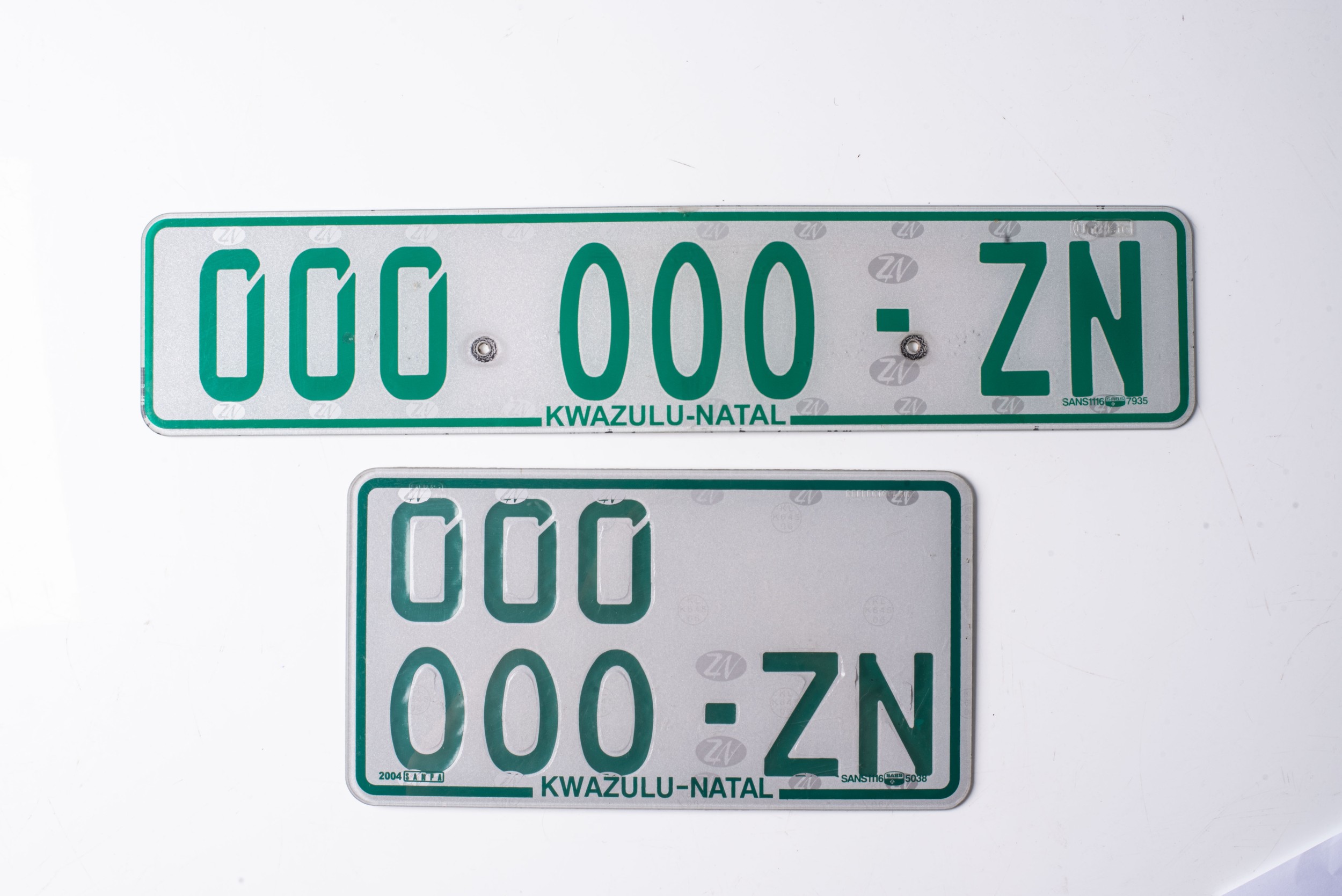 A PAIR OF KWAZULU NATAL NUMBERPLATES, MODERN Accompanied by registration papers 000 000-ZN (2)