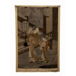 A JAPANESE Y?ZEN-DYDED CUT VELVET "GEISHA" PANEL, SIGNED BUNCHO IPPITSUSAI, C. 1755 - 1790