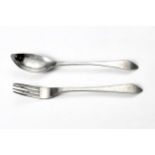 A SILVER DESSERT FORK AND TEASPOON, IMPRESSED 'DM"