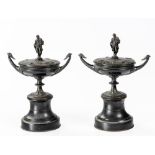 A PAIR OF BRONZE NEO-CLASSICAL PEDESTAL URNS AND COVERS, LATE 19TH/EARLY 20TH CENTURY
