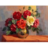 Dino Paravano (South African 1935 - ) STILL LIFE WITH ROSES IN A COPPER VASE