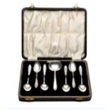 A CASED SET OF SIX GEORGE VI SILVER TEASPOONS AND A SUGAR SPOON, ANGORA SILVER PLATE CO, SHEFFIELD,