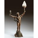 PRIMAX': A FIGURATIVE SPELTER TABLE LAMP AFTER LOUIS MOREAU