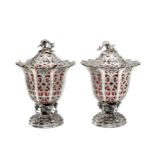 A PAIR OF VICTORIAN SILVER VASES AND COVERS, ROBINSON, EDKINS AND ASTON, BIRMINGHAM, 1845