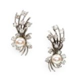 A PAIR OF PEARL AND DIAMOND EARRINGS