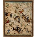 AN INDO-PERSIAN IVORY AND WATERCOLOUR "POLO PLAYERS" PLAQUE, EARLY 20TH CENTURY