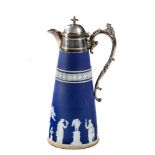 A WEDGWOOD DARK BLUE JASPER WARE CLARET PITCHER WITH SILVERPLATED COVER, CIRCA 1900