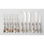 A SET OF TWELVE VICTORIAN SILVER AND PORCELAIN PISTOL GRIP FRUIT KNIVES AND FORKS, WILLIAM LEUCHARS,