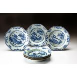 A SET OF SIX CHINESE BLUE AND WHITE 'PINE AND PAGODA' SOUP PLATES, QING DYNASTY, QIANLONG, 1736 - 17