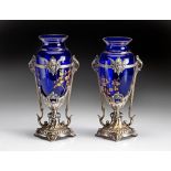 A PAIR OF METAL MOUNTED COBALT GLASS VASES, EARLY 20TH CENTURY