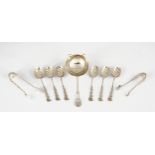 A MISCELLANEOUS GROUP OF FOUR RUSSIAN SILVER TABLE SPOONS AND TWO ENGLISH SPOONS ANDÂ  TWO PAIRS OF