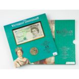 A 2001 VICTORIAN ANNIVERSARY SEALED CUPRO NICKEL CROWN AND 5 POUND BANK NOTE SET