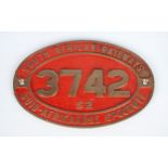 A SOUTH AFRICAN RAILWAYS PLAQUE NUMBER 3742