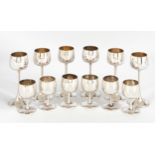 SIX ENGLISH SILVER LIQUEUR GOBLETS AND SIX SIMILAR BUT TALLER GOBLETS