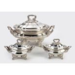 AN OLD SHEFFIELD ELECTROPLATED SOUP TUREEN AND A PAIR OF SAUCE TUREENS