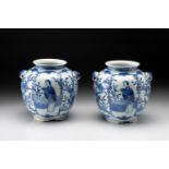 A PAIR OF CHINESE BLUE AND WHITE "MAIDEN AND SONGBIRD" VASES, QING DYNASTY, LATE 19TH CENTURY