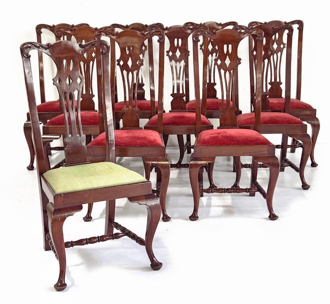 A SET OF ELEVEN GEORGE III STYLE MAHOGANY DINING CHAIRS