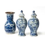 A PAIR OF SMALL DELFT BLUE AND WHITE VASES AND COVERS, 18TH CENTURY