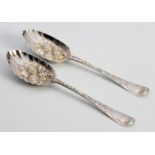 A PAIR OF GEORGE II SILVER OLD ENGLISH PATTERN BERRY SPOONS, EBENEZER COKER, LONDON,1758