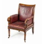 A ROSEWOOD AND LEATHER UPHOLSTERED LIBRARY CHAIR, 19TH CENTURY