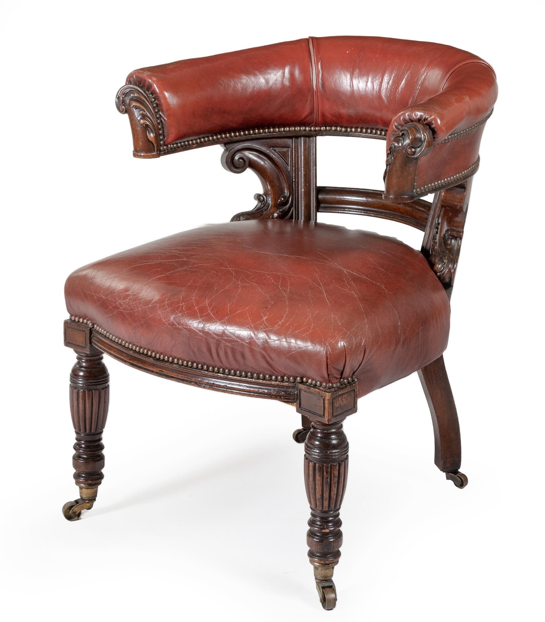 A VICTORIAN MAHOGANY AND LEATHER UPHOLSTERED TUB ARMCHAIR