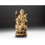 A CHINESE CYPRESS WOOD, BAIMU, CARVING OF THE BODHISATTVA GUAN-YIN, MING DYNASTY, 1368 - 1644