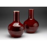 A NEAR PAIR OF CHINESE LANGYAO BOTTLE VASES, TIANQIUPING, REPUBLIC PERIOD, 1912 - 1949