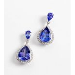 A PAIR OF TANZANITE AND DIAMOND PENDANT EARRINGS