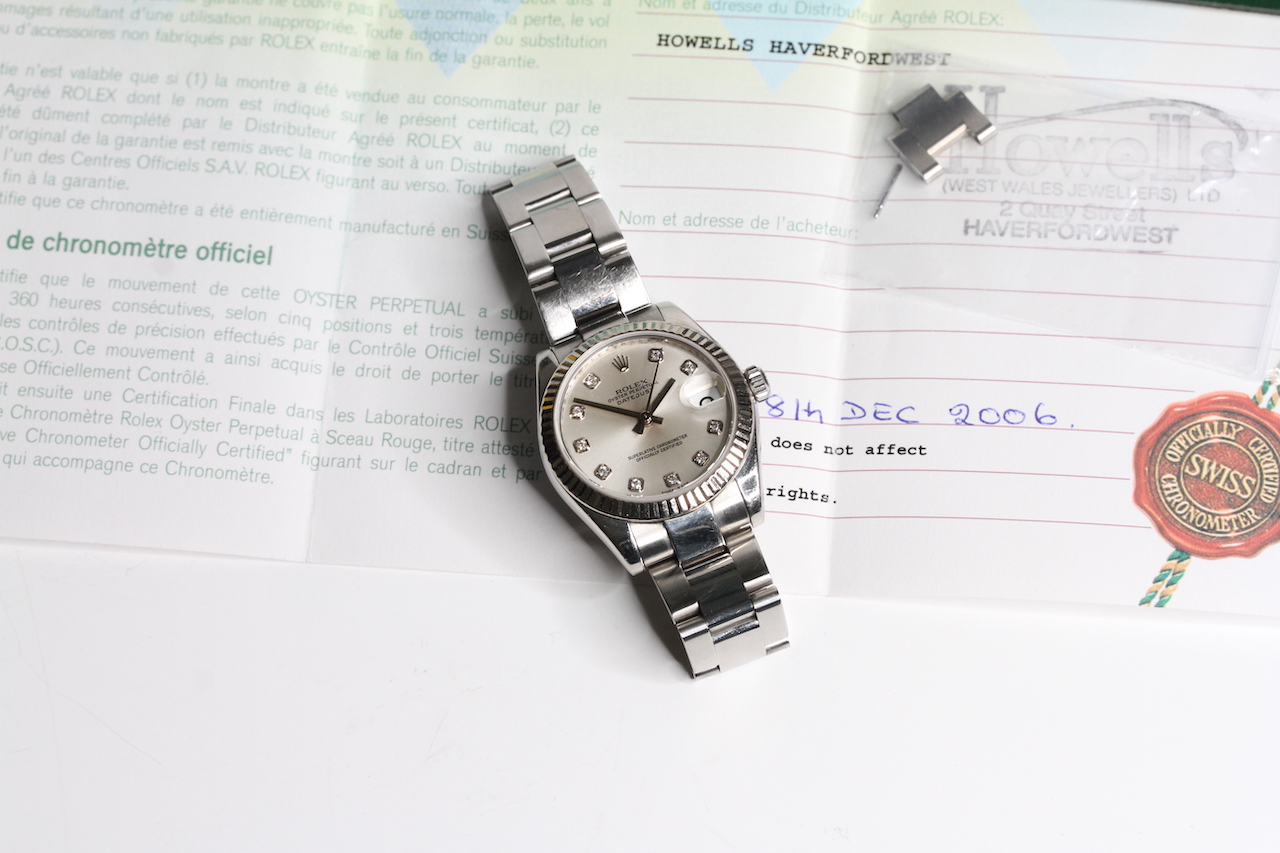 ROLEX DIAMOND DIAL DATEJUST WRISTWATCH REF 178274 W/PAPERS, circular silver dial with diamond hour - Image 2 of 6