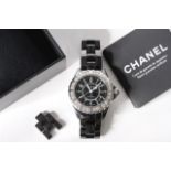 RARE CHANEL J12 CERMAIC DIAMOND BEZEL WITH BOX AND SERVICE PAPERS, circular gloss black dial with