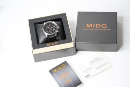 MIDO MULTIFORT CHRONOGRAPH QUARTZ BOX AND PAPERS 2011, circular black dial with three subsidiary