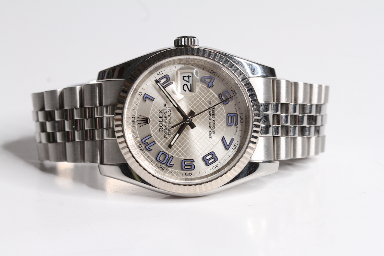 ROLEX DATEJUST DECORATED ARABIC DIAL FULL SET REFERENCE 116234, circular silvered dial with blue - Image 3 of 5