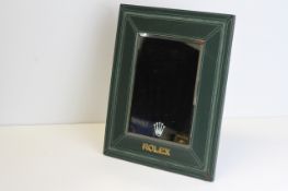 Rolex Display Mirror, 25.5 x 30cm, with corenet to mirror, green leather, stitched with gilt Rolex