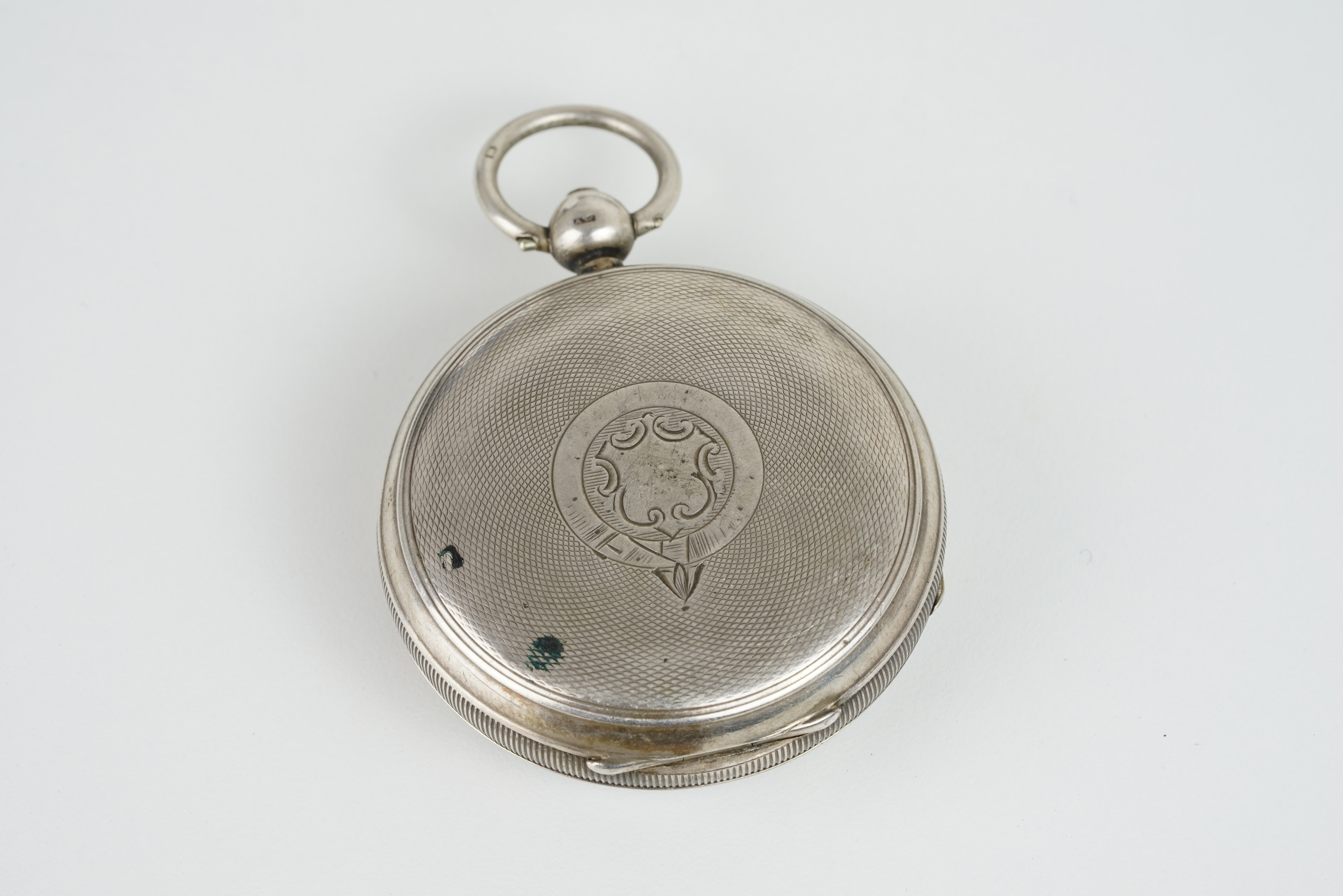 VINTAGE JOHN MYERS & CO SILVER POCKET WATCH, circular white dial with hands, 53mm case with a - Image 2 of 2