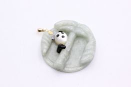 14ct gold carved jade, mother of pearl & onyx panda behind bamboo tree pendant (22.9g)