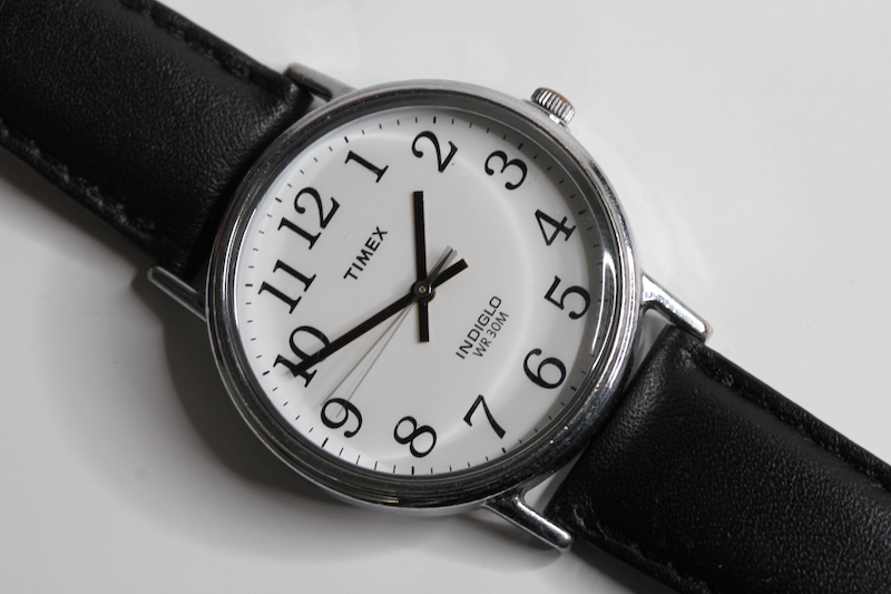 *TO BE SOLD WITHOUT RESERVE* TIMEX QUARTZ, BLACK STRAP, WHITE DIAL ARABIC NUMERALS, RUNNING