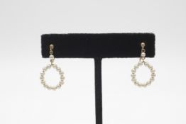 9ct gold vintage faux pearl drop hoop screw-back earrings (1.8g)