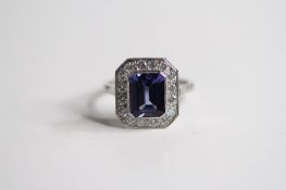 Platinum Step Cut Tanzanite And Diamond Ring, TZ1.80ct D0.55ct