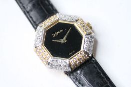 LADIES 18CT DELANEAU DIAMOND BEZEL QUARTZ WATCH, octagonal black dial, octagonal diamond bezel, 27mm