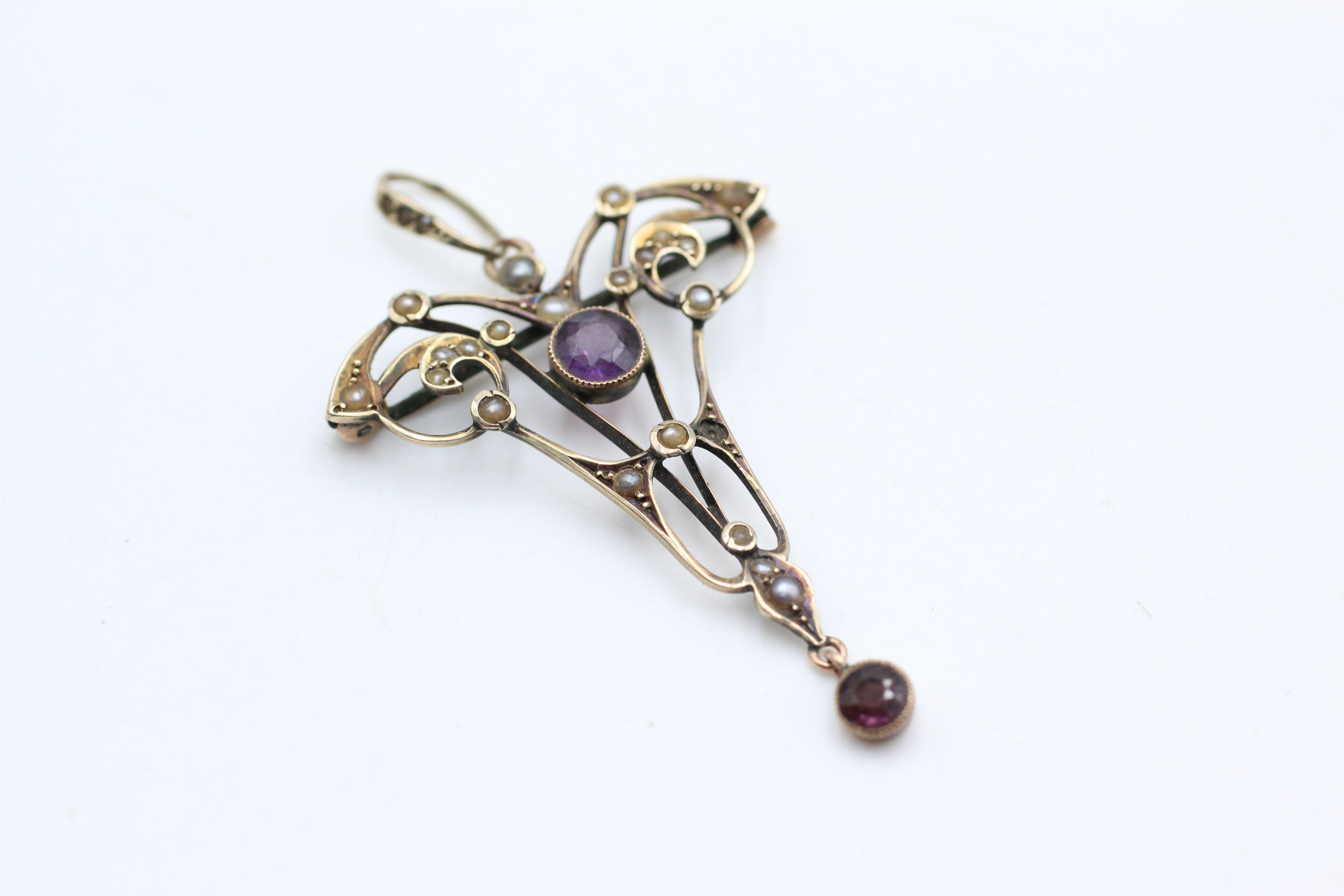 9ct gold antique amethyst & seed pearl lavalier pendant - as seen (3.4g)