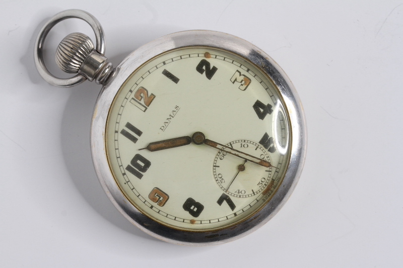 VINTAGE DAMAS G.S.T.P MILITARY POCKET WATCH, circular cream dial with arabic numeral hour markers,
