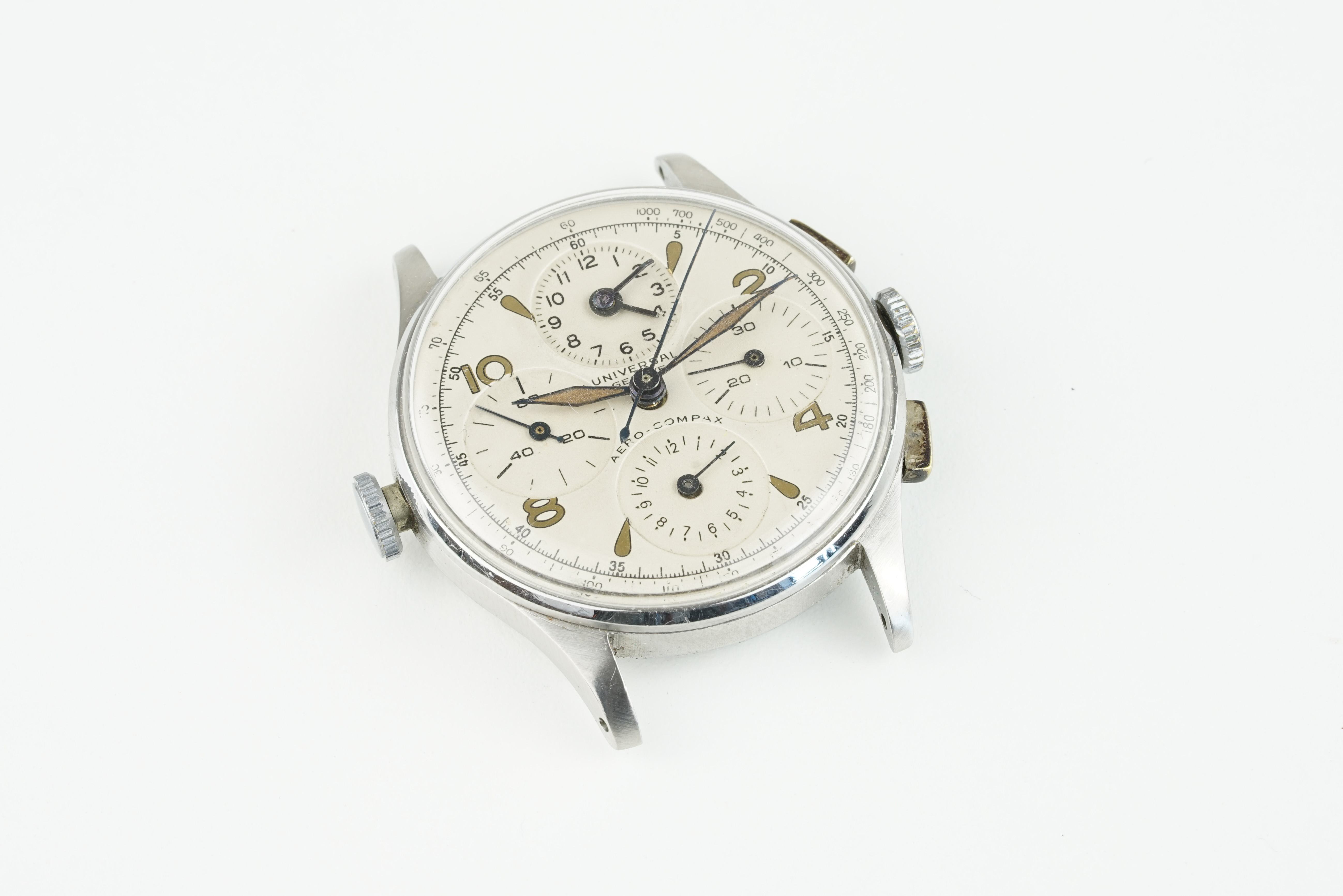 UNIVERSAL GENEVE AERO-COMPAX CHRONGORAPH WRISTWATCH, circular off white dial with four registers,