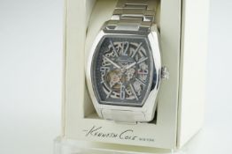 GENTLEMENS KENNETH COLE SKELETON WRISTWATCH W/ BOX, tonneau skeleton dial with stick hour markers